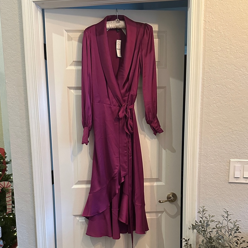 Chic Long Sleeve Magenta Wrap Dress